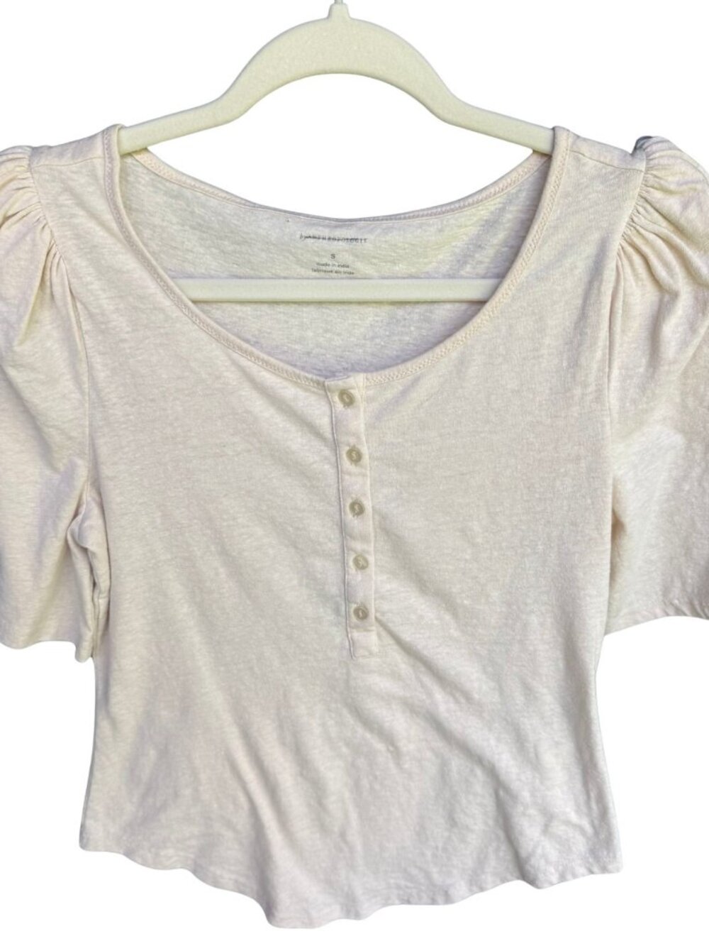 By Anthropologie Puff Sleeve Henley Top Small Cream Ivory Cottagecore